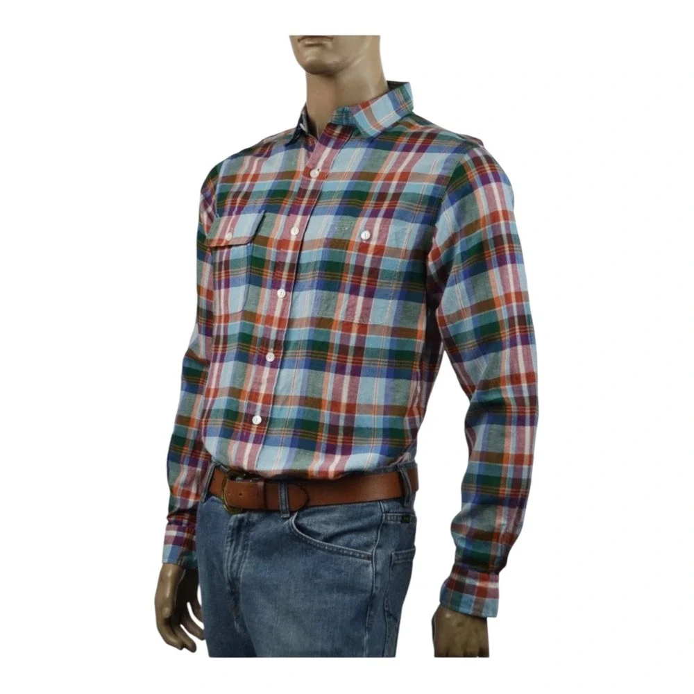 Vintage Y2K Polo Ralph Lauren Silk‎ Linen Plaid Shirt XL Madras Heritage Preppy